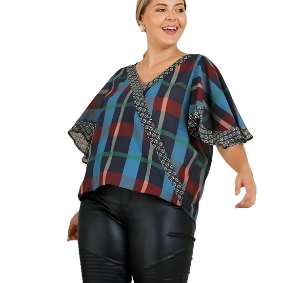 Plus Size Plaid V Neck Faux Wrap Flutter Sleeve Blue Top - Picture 3 of 5